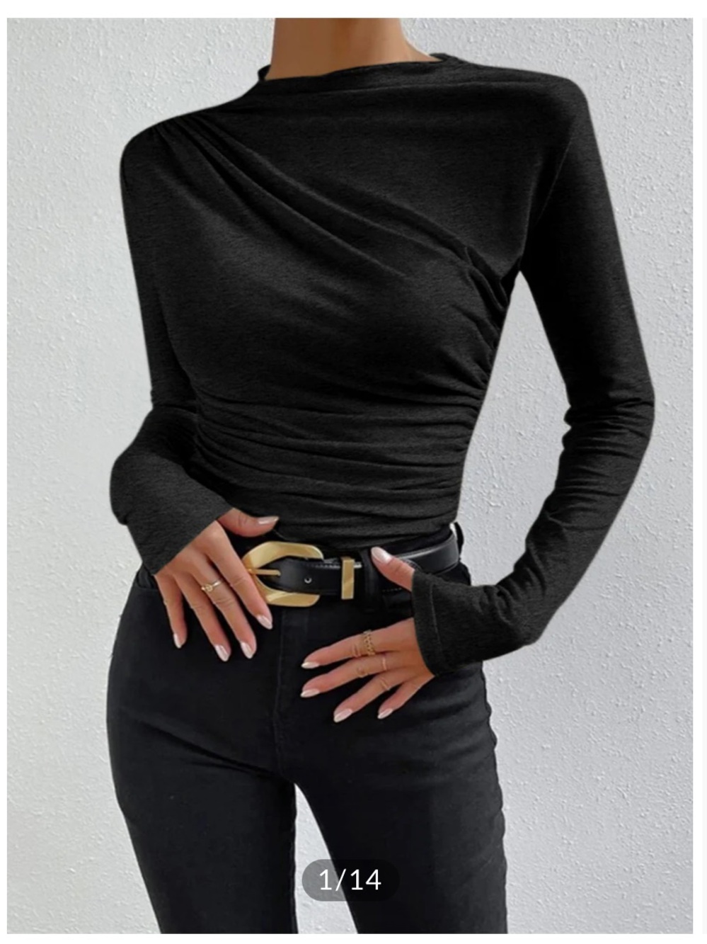 Commense Black Ruching Long-Sleeve Mock Neck Top